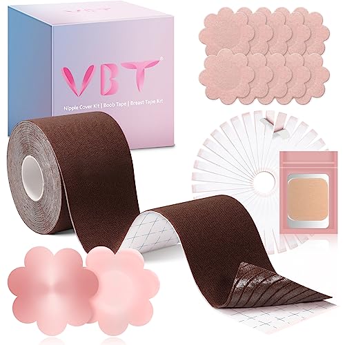 VBT Boob Tape Kit, Boobtape for Breast Lift with 1 Breast tape, 5 Pairs Satin Bra Petals, 1 Pair Silicone Nipple Stickers, 36 PCS Double Sided Tape, Boobytape for Large Breasts A-G Cup