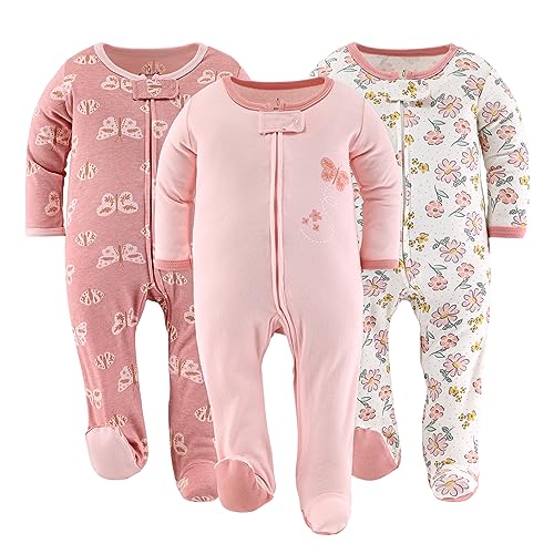 The Peanutshell Footed Pajamas Sleepers for Baby Girls, Sleep and Play Footies, 3 Pack (Newborn) Pink