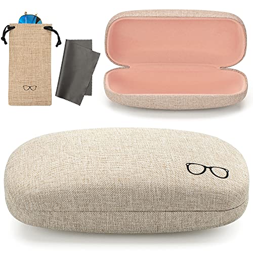 Vemiss Hard Shell Eyeglasses Case Soft Linen Fabrics Portable Glasses Sunglasses Box (Large, Khaki+Pink)