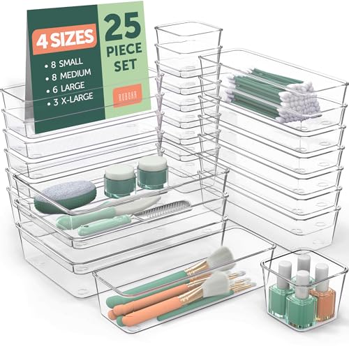 25 PCS Clear Plastic Drawer Organizers Set, 4 Sizes Clear Drawer Organizers & storage Bins for Makeup/Jewelry Vanity, Kitchen Gadgets Or Office Desk. Bathroom Drawer Organizer Trays With Non-Slip Pads