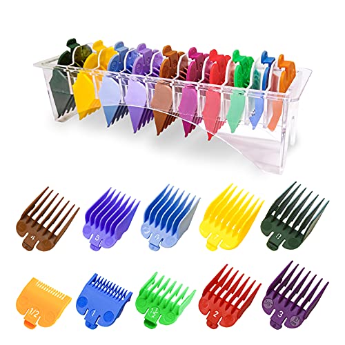 10 Professional Hair Clipper Guards Cutting Guides Fits for Most Wahl Clippers with Organizer, Color Coded Clipper Combs Replacement - 1/16' to 1'