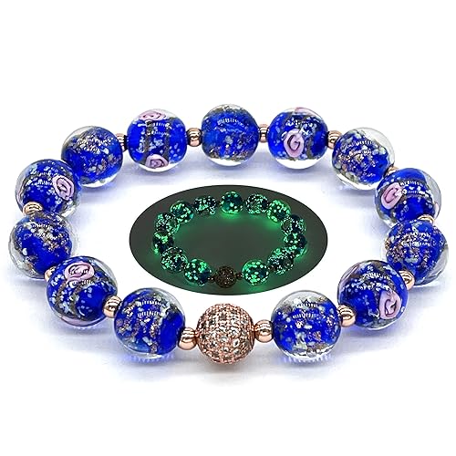 ARTSY Crafts Glow in The Dark Beads Bracelet 6-7', Sapphire Blue Firefly Beads with Hamsa Hand Charm Stretch Bracelet, Luminous Murano Bead Healing Crystals Bracelets (Sapphire 6-7')