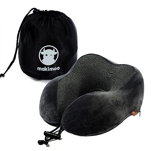 Makimoo Memory Foam Travel Pillow, Neck Pillow with 360-Degree Head Support, Comfortable and Lightweight, Ideal for Sleeping on Airplane, Car, Train, Bus and Home Use, Comes with Storage Bag (Grey)