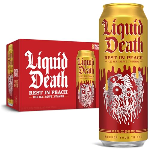 Liquid Death, Rest In Peach Iced Tea, Peach Flavored Tea Sweetened With Real Agave, B12 & B6 Vitamins, Low Calorie & Low Sugar, 8-Pack (King Size 19.2oz Cans)