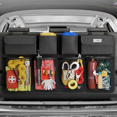 SURDOCA Car Trunk Organizer, 3rd Gen [7 Times Upgrade] Super Capacity Car Organizer SUV, Equipped with Robust Elastic Net, Hanging Car Storage Organizer with Lids, Space Saving Expert