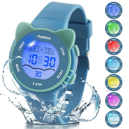 Ayybboo Kids Digital Watches for Girls Boys, 7 Color Lights Waterproof Watches for Kids with Alarm Stopwatch, Cute Cat Watch, Kids Gifts for Girls Boys Ages 5-13