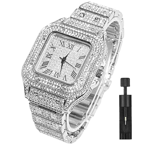 Apzzic Diamond Watch Iced Out CZ Gold Plated Cuban Link Watch Square Dial Quartz Wristband Analog Wrist Watch for Men Women Silver Color