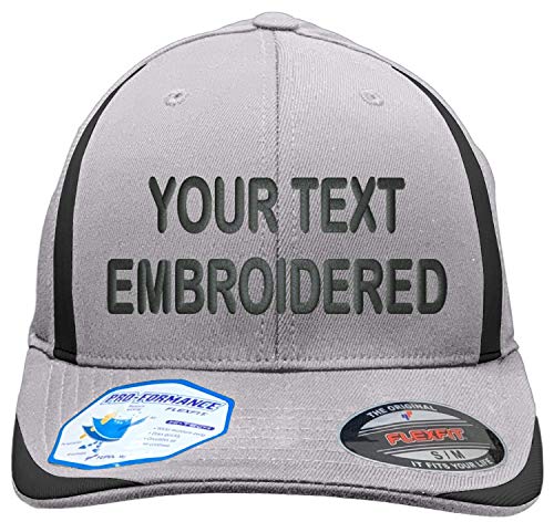 Custom Hat Flexfit Cool & Dry Sport 6599 Your Own Text Embroidered Curved Bill (Flexfit Cool & Dry Sport 6599 S/M, Grey/Black) -Clearance