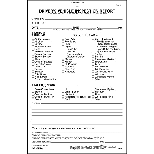 Detailed Driver's Vehicle Inspection Report 10-pk. - Book Format, 2-Ply Carbonless, 5.5' x 8.5', 31 Sets of Forms Per DVIR Book - Meet FMCSR Requirements