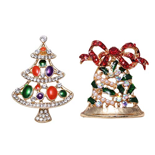 SELOVO Bell Christmas Tree Crystal Rhinestone Brooch Pin Scarf Accessory Gold Tone
