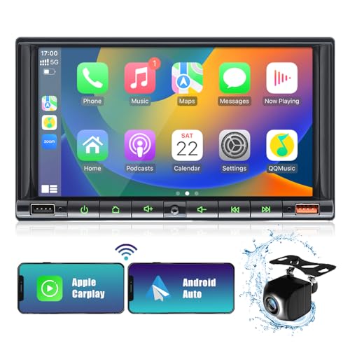 2024 Newest 7 Inch Double Din Car Stereo for Wireless Carplay&Android Auto with Voice Control,Car Radio with HD Touch Screen Bluetooth5.2, AM/FM/Mirror Link/Backup Camera/SWC/AUX/MIC/DSP