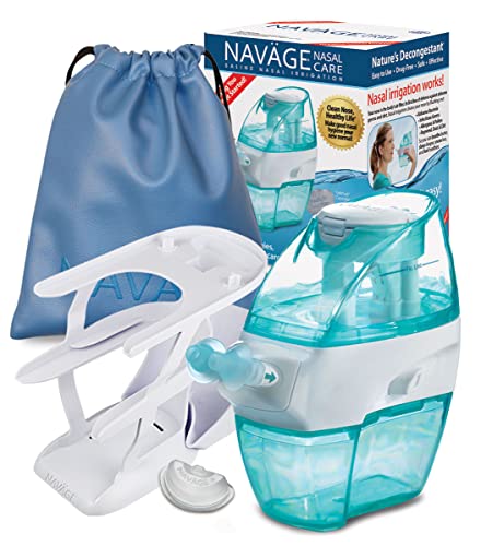 Navage Deluxe Bundle - Navage Nasal Irrigation System - Saline Nasal Rinse Kit with 1 Navage Nose Cleaner, 20 Salt Pods, Sky Blue Travel Bag and 1 Countertop Caddy