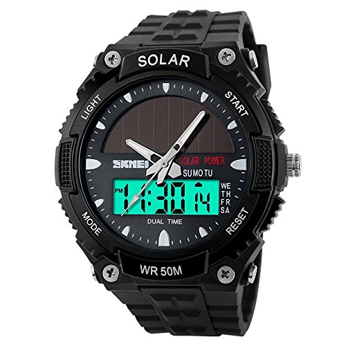 Gosasa Solar Power Sport Watches Men 50M Waterproof Outdoor Multifunctional Military Watch(Black) (Black)