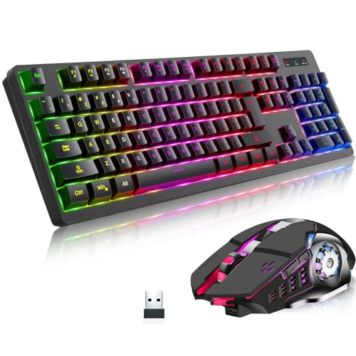 Wireless RGB Gaming Keyboard and Mouse - Rechargeable RGB Backlit Keyboard Mouse Long Battery Life,Mechanical Feel Gaming Keyboard with 7 Color Wireless Gaming Mouse for PC Game and Work