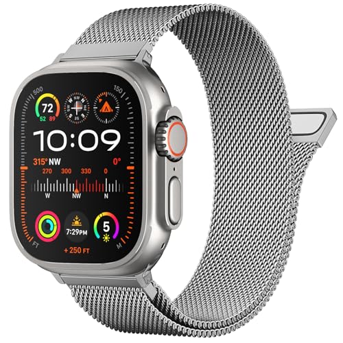 OULUOQI Compatible with Apple Watch Band Men Women Milanese Loop 49mm 45mm 44mm 42mm 41mm 40mm 38mm, Magnetic Clasp for iWatch Bands Ultra Series 9 8 SE 7 6 5 4 3 2 1-49mm/45mm/44mm/42mm Titanium