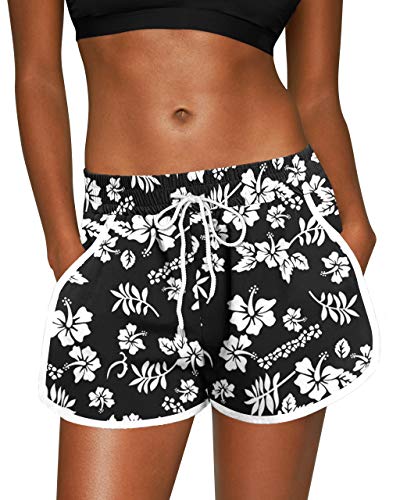 Womens Summer Sports Beach Short Drawstring Causal Elastic Waistband Boardshort Black Floral XL