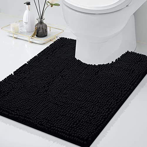 smiry Chenille U-Shaped Toilet Bathroom Rugs, Soft Absorbent Non-Slip Contoured Rugs, Machine Washable Contour Bath Mats for Bathroom Toilet (24'x20', Black)