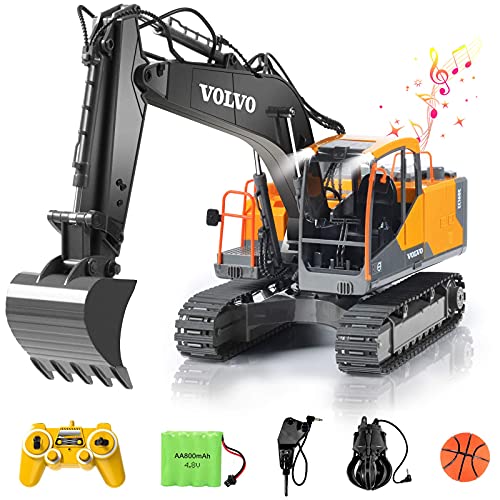 DOUBLE E Volvo RC Excavator 17 Channel 3 in 1 Construction Toys, 17 Channel Remote Control Vehicles Tractor Sandbox Toys Digger with Metal Shovel Drill Grab RC Truck for Kids Adults