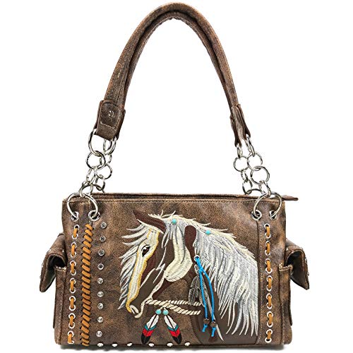 Zelris Dakota Dales Pony Horse Embroidery Mane Western Country Women Conceal Carry CCW Shoulder Handbag Purse (Brown)