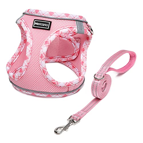 Mercano Soft Mesh Dog Harness and Leash Set, No-Chock Step-in Reflective Breathable Lightweight Easy Walk Escape Proof Vest Harnesses with Safety Buckle for Small Medium Dogs, Cats (Pink, S)