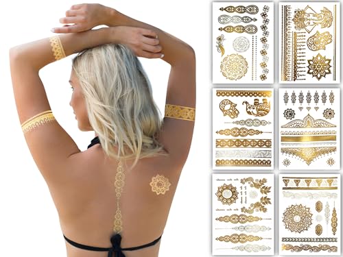 Terra Tattoos Gold Metallic Tattoo Flash Sheets Designs of Elephants, Flowers & more! Face Tattoos for Women Waterproof Nontoxic Long Lasting 75+ Designs for Vacation, Festivals Parties - Gold