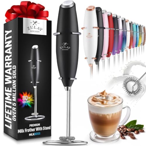 Zulay Kitchen Powerful Milk Frother Handheld Foam Maker for Lattes - Whisk Drink Mixer for Coffee, Mini Foamer for Cappuccino, Frappe, Matcha, Hot Chocolate & Coffee Creamer by Milk Boss (Black)