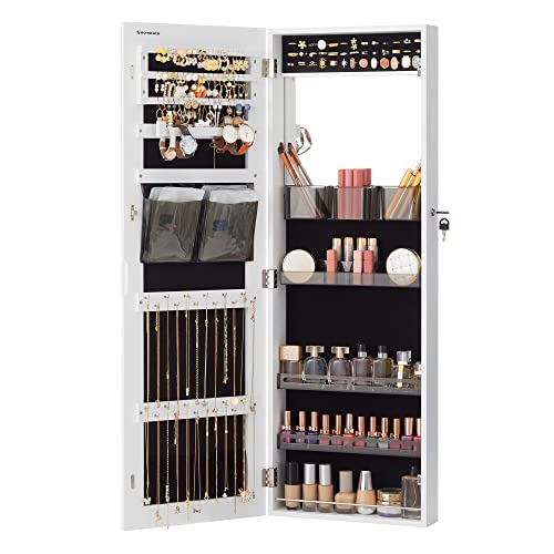 SONGMICS Jewelry Cabinet Armoire with Mirror, Wall or Door Mount Storage Organizer with Full-Length Frameless Mirror, Lockable Cabinet with Built-in Small Mirror, Shelves, Gift Idea, White UJJC003W01