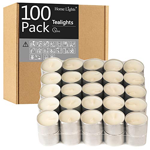 HomeLights Unscented Tealight Candles - 100 Pack, 8hr Smokeless White Votive Candles for Shabbat, Weddings, Home Decor