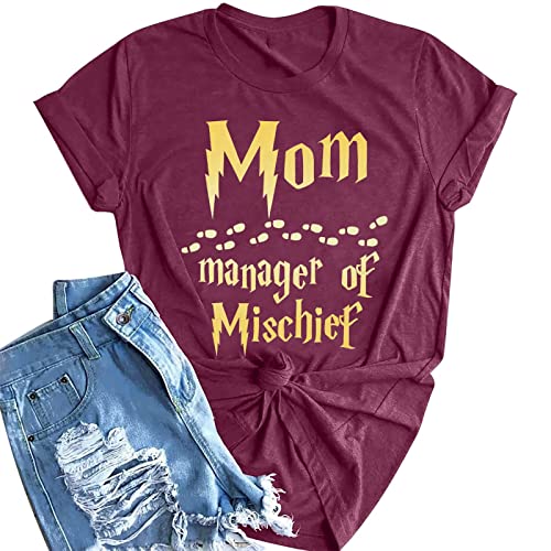 VILOVE Women's Funny Mom T-Shirt - Manager of Mischief, Fantastic Mama, Wizard Magic, Magenta Purple, Round Neck, Short Sleeve