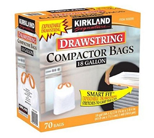 Kirkland Signature Compactor Bags 18 Gallon Smart Fit Gripping Drawstring 70 ct ,Thickness: 2.0 mil,Dimensions: 25.625' x 28'