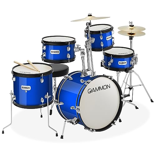 Gammon Percussion 5-Piece Junior Starter Drum Kit with Cymbals, Hardware, Sticks, & Throne - Blue