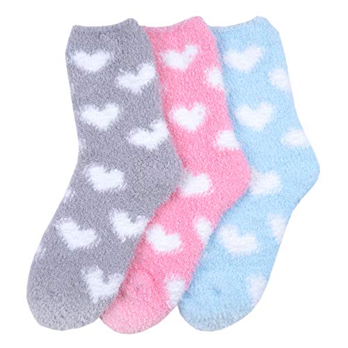 KONY Women's 3 Pairs Super Soft Cozy Warm Fuzzy Socks Non Skid Fluffy Home SocksGift Idea Size 6-9 (Mix-2(Heart))