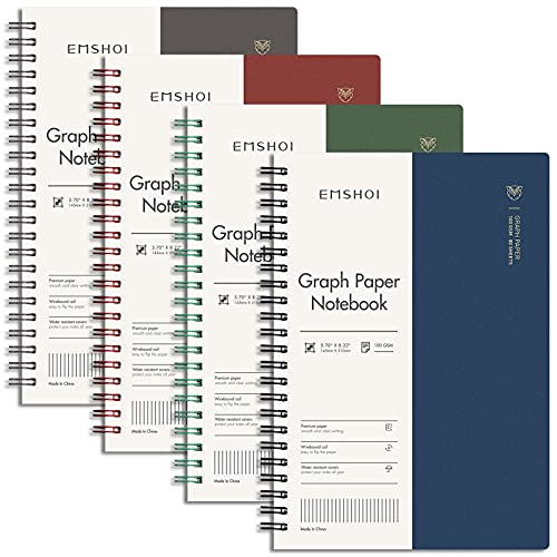 EMSHOI Graph Paper Spiral Notebook 5.7' x 8.22' - 4 Pack 640 Pages 100gsm Thick Grid Paper, A5 Graph Paper Notebook, Plastic Hardcover Journals for Writing Engineering Graphing Work School Supplies