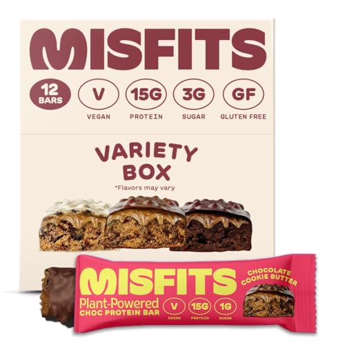 Misfits Vegan Protein Bar, Best Sellers Variety Pack, Plant Based Protein Bars, High Protein Snacks with 15g Per Bar, Low Sugar, Low Carb, High Fiber, Non GMO, 4 Flavor 12 Pack, 1.8oz Bars - Soft Protein Snack & Breakfast Bars