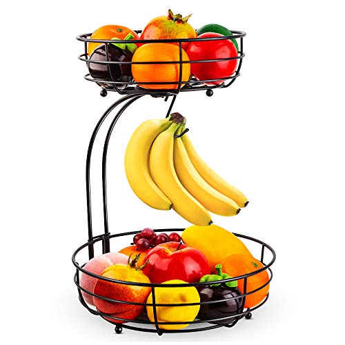 Auledio Iron 2-Tier Countertop Fruit Vegetables Basket Bowl Storage With Banana Hanger, Black, 64 ounces