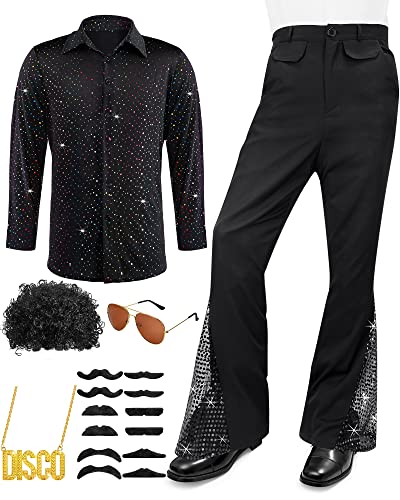 Mepase 70s Disco Outfit Costume Bell Bottom Pants Shirts Wigs Necklace Mustache Sunglasses (Glitter Sequin, Adult, Large)