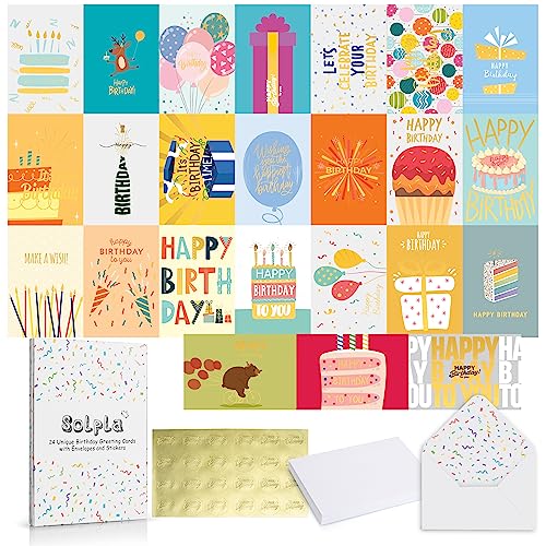 24 Pack Unique Gold Foil Birthday Cards with Envelopes & Stickers | 4x6 Inches Blank Happy Birthday Cards Assortment in Bulk for Family, Kids, Friends, Work & Office Celebrations.