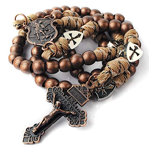 HanlinCC Large and Heavy Antique Copper Metal Beads Rugged Durable Paracord Rosary Necklace with St.Michael Center Piece and Pardon Crucifix for Men (Antique Copper St.Michael Paracord Rosary)