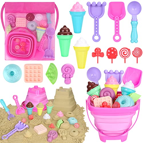 Collapsible Beach Toys Set for Kids Toddlers Girls, Collapsible Sand Bucket and Shovels Set with Mesh Bag & Sand Molds, Ice Cream Travel Sand Toys for Beach, Sandbox Toys for Toddlers Kids Age 3-10