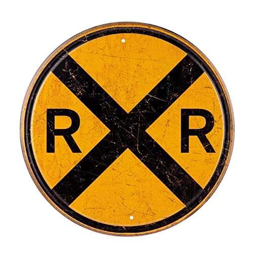 Framendino, Railroad Crossing Tin Sign Metal Tin Traffic Sign Wall Decor Rail Road Round Symbol Sign 12 Inch