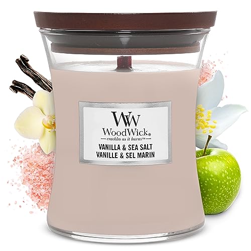 WoodWick Medium Hourglass Candle, Vanilla Sea Salt - Premium Soy Blend Wax, Pluswick Innovation Wood Wick, Made in USA