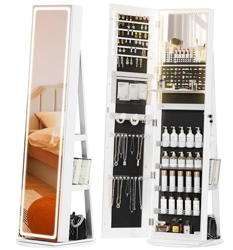TJYGO Jewelry Storage Cabinet Standing, with Full Mirror and Lights, Jewelry Armoire Organizer, Foldable Makeup Shelf 360° Rotatable Large Base Jewelry Storage Shelf