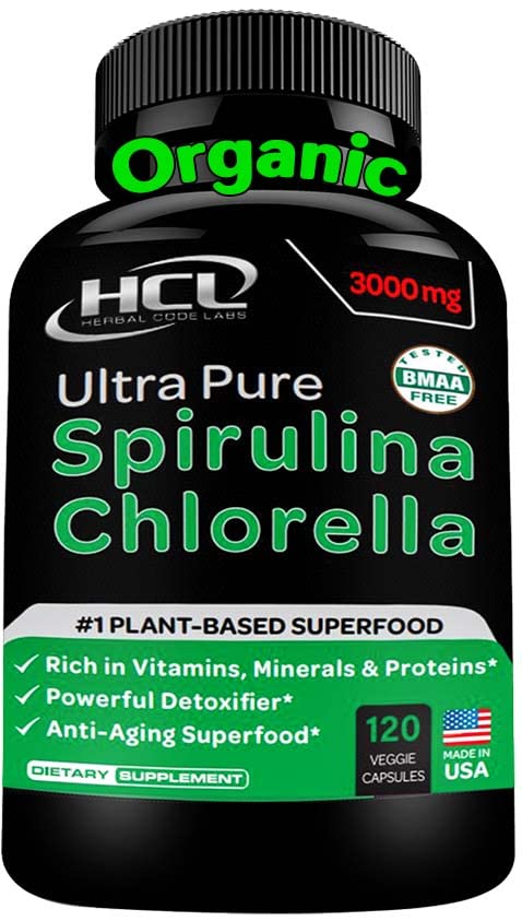 HCL HERBAL CODE LABS Chlorella Spirulina Powder Capsules Organic - 3000 mg of BMAA Free Purest Blue Green Algae - Best Raw Vegan Protein Green Superfood Broken Cell Wall – Made in USA