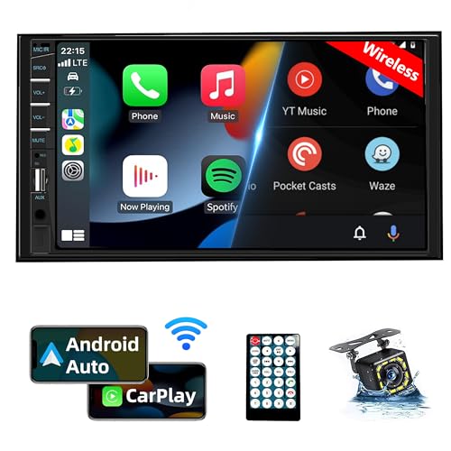 Double Din Car Stereo Wireless CarPlay Wireless Android Auto, 7inch Car Audio Receiver MP5 Player Car Radio Touchscreen with Bluetooth, Mirror Link, Backup Camera, FM, SWC, USB/AUX/TF/Subwoofer