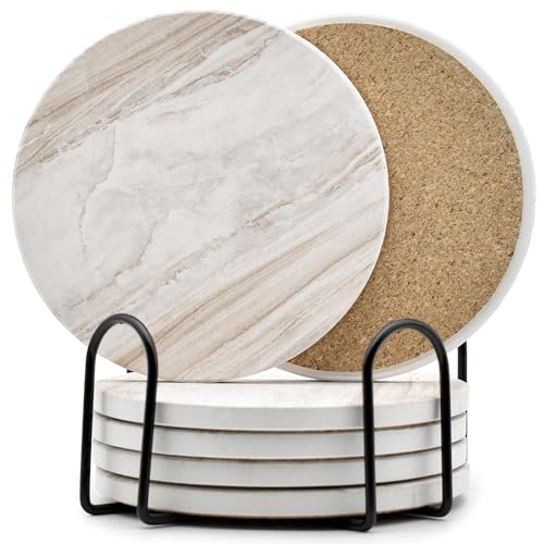 6Pcs Drink Coasters with Holder, Marble Style Ceramic Drink Coaster, Absorbent Coasters Set Suitable for Kinds of Cups, Modern Style Coasters for Coffee Table, 4 Inches