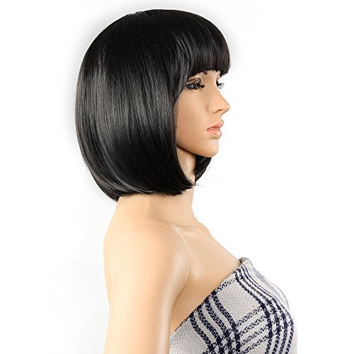 AGPTEK 13 Inches Straight Heat Resistant Short Bob Hair Wigs with Flat Bangs for Women Cosplay Daily Party - Black