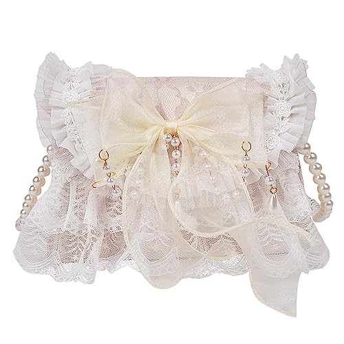 QZUnique Lolita Shoulder Bag Handmade Crossbody Tote Bags with Lace Bow Fashion Casual Handbags for Women Girl Stylish Purse with Pearl Shoulder Straps