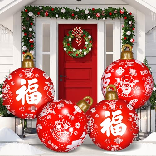 Jetec 4 Pcs 24 Inch Chinese New Year's Day Inflatable Ball Giant FU PVC Inflatable Ball Ornaments Happy New Year Decorations Outdoor Yard for Garden Pool