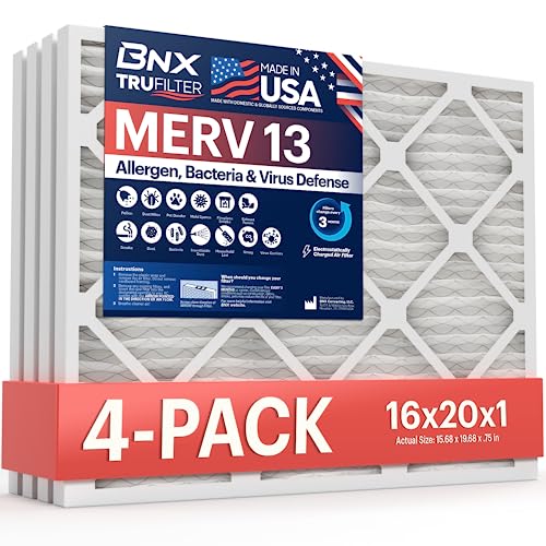 BNX TruFilter 16x20x1 Air Filter MERV 13 (4-Pack) - MADE IN USA - Electrostatic Pleated Air Conditioner HVAC AC Furnace Filters for Allergies, Pollen, Mold, Bacteria, Smoke, Allergen, MPR 1900 FPR 10