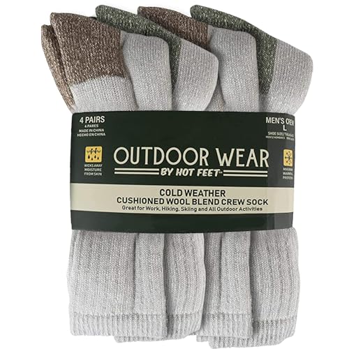 HOT FEET 4 Pack Work Socks for Men - Breathable Boot Hiking Socks for Men, Moisture-Wicking Wool Socks, Thick Men Socks - Sizes 6-12.5, Green & Brown